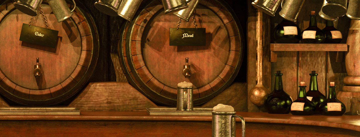 Wooden barrels labeled cider and mead inside a rustic cellar with taps and bottles on display