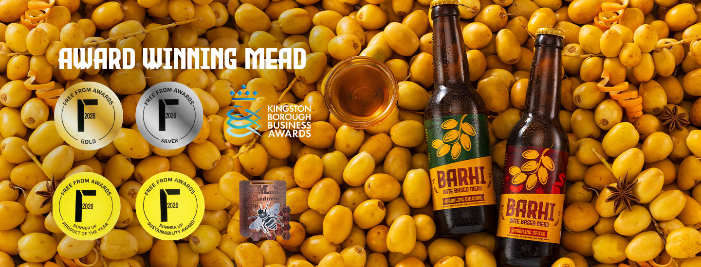 A promotional banner for BARHI award-winning date-based mead featuring two bottles of the Original and Spiced variants against a background of fresh yellow dates. The image showcases multiple 2026 award badges, including Gold, Silver, Product of the Year Runner-Up, Sustainability Award Runner-Up for Free From Awards, the Kingston Borough Business Award and Mead madness cup award, highlighting the brand's industry recognition.