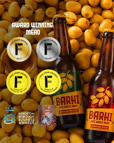 A promotional banner for BARHI award-winning date-based mead featuring two bottles of the Original and Spiced variants against a background of fresh yellow dates. The image showcases multiple 2026 award badges, including Gold, Silver, Product of the Year Runner-Up, Sustainability Award Runner-Up for Free From Awards, the Kingston Borough Business Award and Mead madness cup award, highlighting the brand's industry recognition.